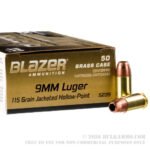 50 Rounds of 9mm Ammo by Blazer Brass - 115gr JHP