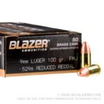 50 Rounds of 9mm Ammo by Blazer Brass Reduced Recoil - 100gr FMJ