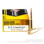 20 Rounds of 6.5 Creedmoor Ammo by Black Hills Ammunition Gold - 143gr ELD-X